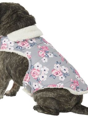 Floral Sherpa-Lined Gray & Pink Dog Coat